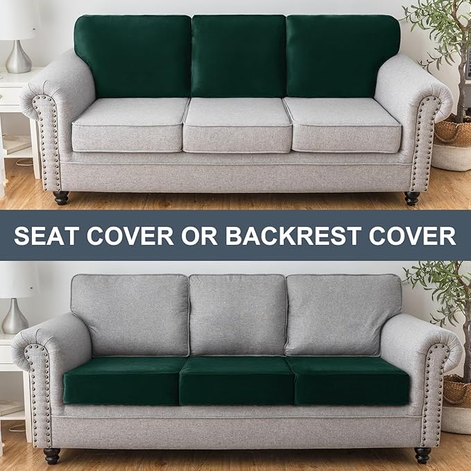 Couch Cover Stretch Velvet Sofa Cushion Cover 3-Piece - Elastic Washable Slipcover for Seat or Backrest, Couch Seat Covers for Sofas (Christmas Green)
