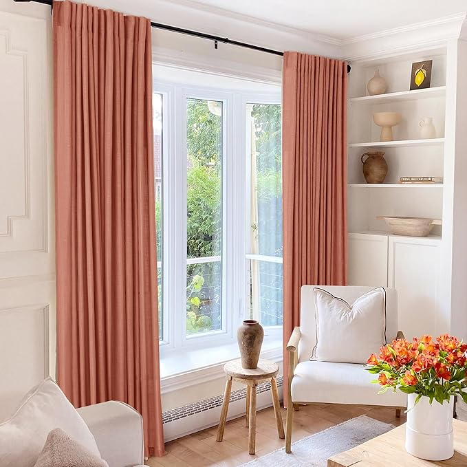 96 inch Linen Terracotta Curtains 2 Panels for Living Room Back Tab Light Filtering Semi Sheer Rust Colored Curtains 96 inches Long Soft Thick Cotton Cloth Textured Rustic Boho Farmhouse Room Decor