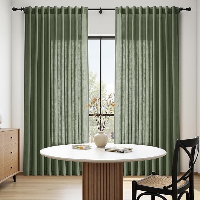 Nanspring 70 Inches Wide Olive Green Linen Curtains for Living Room 2 Panels Set 102 Inch Length Back Tab Light Filtering and Breathability Semi Sheer Curtain for Bedroom 70x102