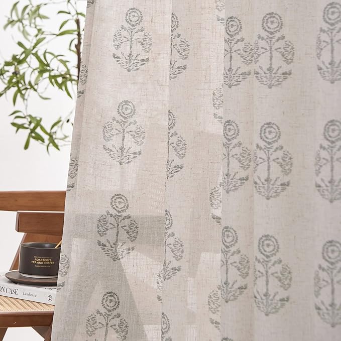 jinchan Linen Floral Curtains for Living Room 96 Inch Length Gray Flower Cottage Core Farmhouse Curtains Rod Pocket Back Tab Boho Semi Sheer Window Drapes Bedroom Set 2 Panels Grey on Beige