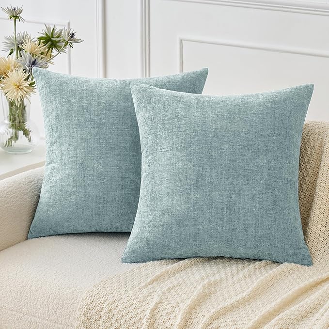 MIULEE Pack of 2 Light Blue Throw Pillow Covers 16x16 Inch Soft Chenille Pillow Covers for Sofa Living Room Spring Home Decor Couch Solid Dyed Cases