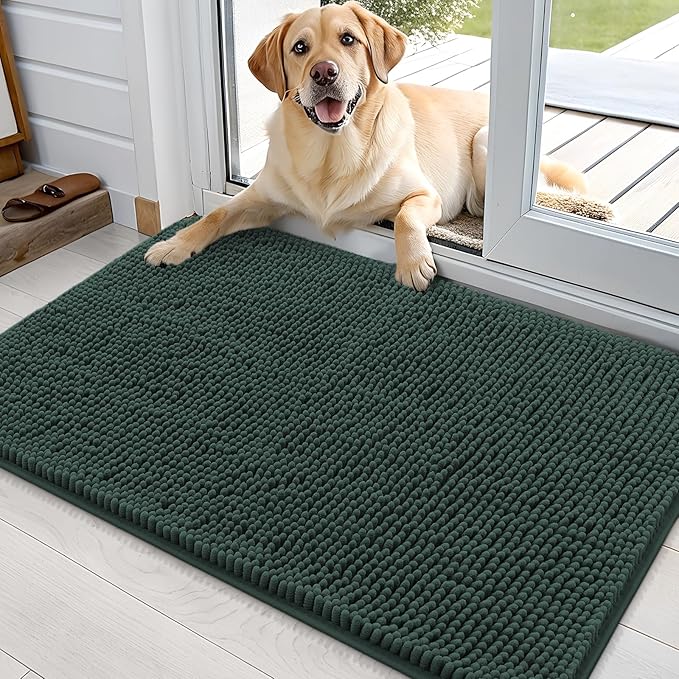 OLANLY Dog Door Mat for Muddy Paws 35x24, Absorbs Moisture and Dirt, Absorbent Non-Slip Washable Doormat, Quick Dry Chenille Mud Mat, Entry Indoor Entryway Carpet for Inside Floor, Blackish Green
