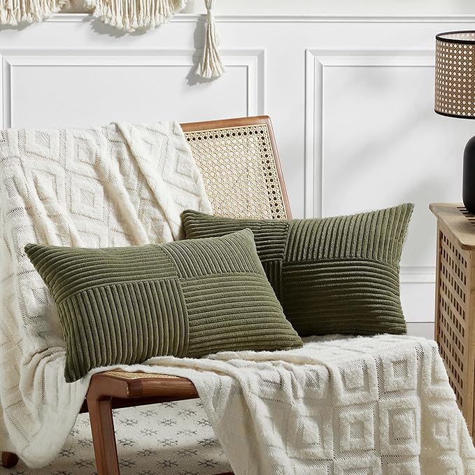 Fancy Homi 2 Packs Olive Green Lumbar Decorative Throw Pillow Covers 16x28 Inch for Living Room Couch Bed, Farmhouse Boho Home Decor, Soft Striped Corduroy Rectangle Accent Cushion Case 40x70 cm
