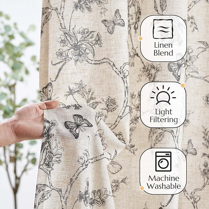 jinchan Floral Curtains Lined Linen Blend Curtain for Living Room 84 Inch Length Black Farmhouse Flower Patterned Curtain French Country Curtains Drapes Back Tab Rod Pocket 2 Panels