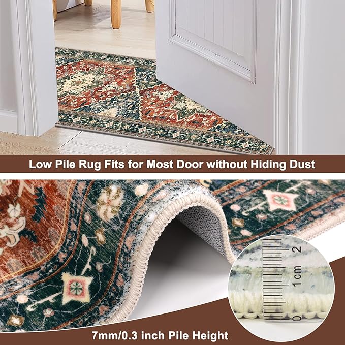 Yamaziot Washable Area Rug, 2x3 Small Entryway Rug Non-Slip Boho Vintage Rug with Rubber Backing, Low Pile Faux Wool Soft Distressed Floor Carpet for Indoor Door Mat, Kitchen, Laundry Bathroom