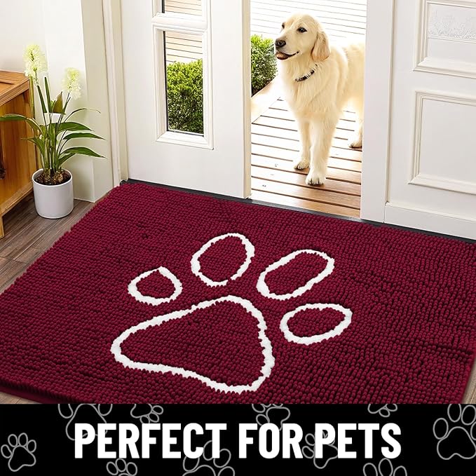 Smiry Dog Door Mat for Muddy Paws, Absorbent Dirt Trapper Non Slip Quick Dry Washable Chenille Mat for Mud Dogs, Entry Rug for Indoor and Outdoor (40x32 Inches, Burgundy and White)