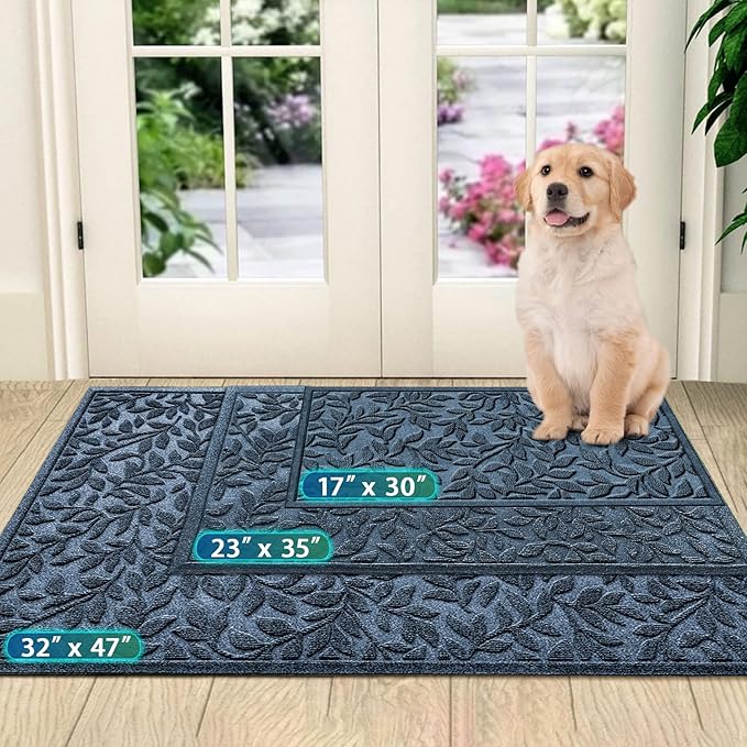 Bulijojo Sturdy Front Entrance Doormats,Durable Heavy Duty Welcome Mat,Thick Absorbent Natural Rubber Non Slip Mat,Easy Clean Entryway Mat 17x30 Inch Leaves Blue