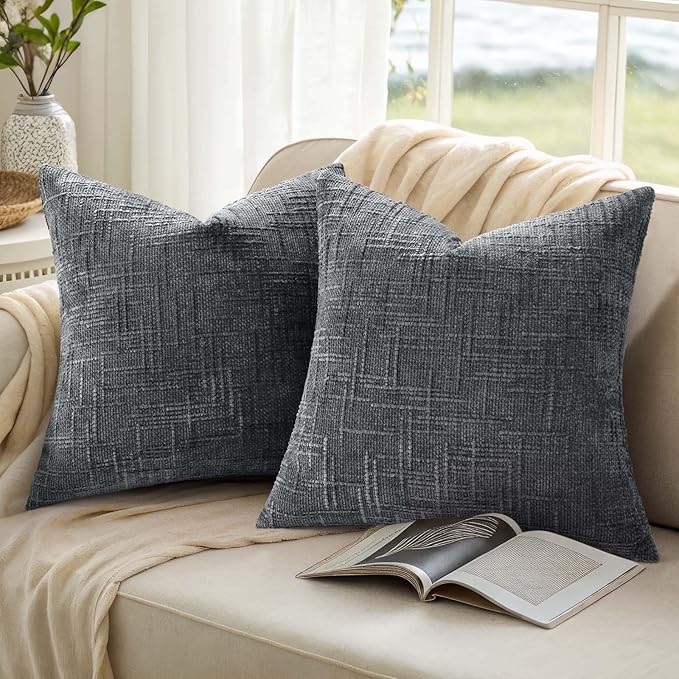 decorUhome Dark Grey Chenille Throw Pillow Covers 18x18 Set of 2 Textured Soft Cozy Slubby Couch Pillow Covers Modern Farmhouse Boho Decorative Pillow Cases for Bed Sofa Living Room