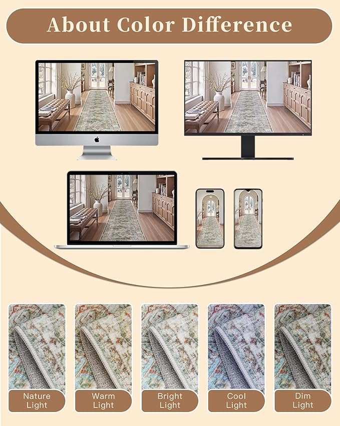 Madane Runner Rug 2'6''x8' Kitchen Runner, Hallway Runner Printed Vintage Washable Rugs Soft Non-Slip Low Pile Runners for Hallways Laundry Room Rug Distressed Rug, Green