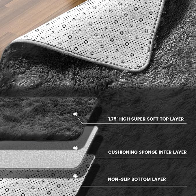 Large Area Rugs for Living Room, Super Luxury 8x10 Soft Fluffy Modern Bedroom Rug, Big Indoor Thick Soft Nursery Rug, Non-Skid Nursery Faux Fur Carpet for Kids Room Home Décor, Solid Gray