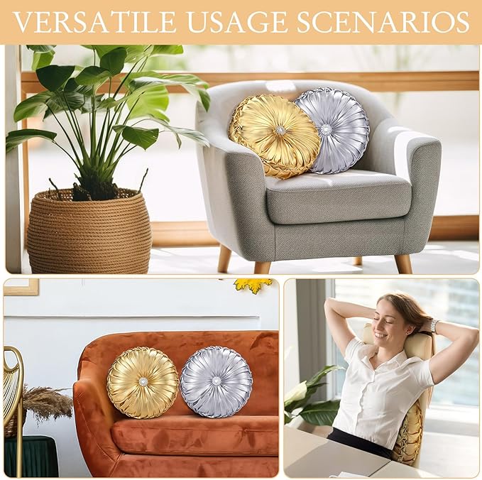 Kathfly Set of 4 Decorative Round Pleated Throw Pillows, Classy Velvet Pumpkin Round Throw Pillows, Decorative Floor Pillow for Bed Chair Home Sofa Decor, 14" Diameter(Gold and Silver)