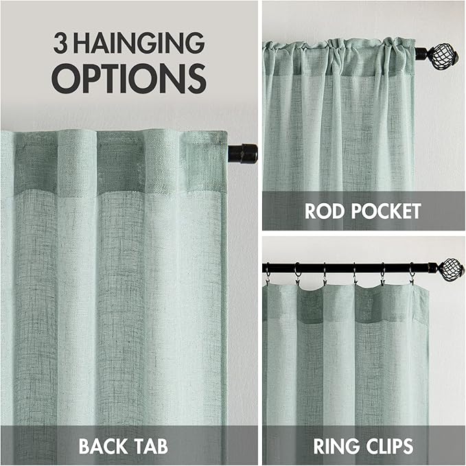 MIULEE Sea Green Linen Curtains 90 Inch Long for Bedroom Living Room, Soft Thick Linen Textured Window Drapes Semi Sheer Light Filtering Back Tab Rod Pocket Burlap Look Aqua Decor, 2 Panels
