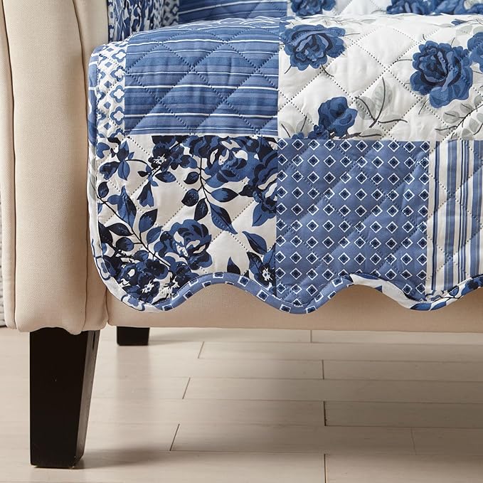 Great Bay Home Reversible Patchwork Loveseat Cover - Washable Slipcover Furniture Protector with Elastic Straps - Perfect for Kids & Pets - Box-Stitched Detail (Navy)
