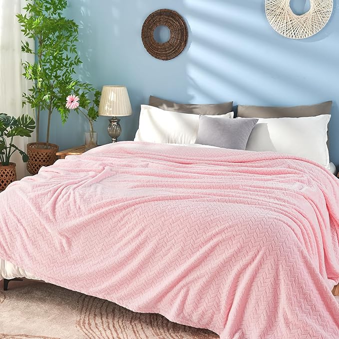 inhand Pink Fleece Queen Blanket for Bed, Super Soft Flannel Cozy Blankets for Adults, Lightweight Leaves Pattern Fuzzy Blanket for Office,Travel, Warm Plush Blankets for All Season, 90x90 Inches