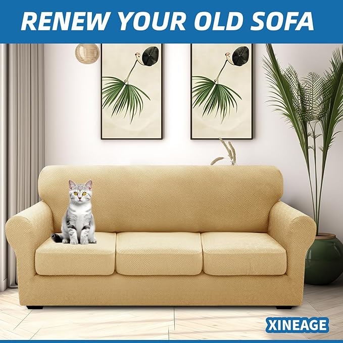 XINEAGE 2026 New 4 Pieces Couch Covers for 3 Cushion Couch Super Stretch Thick Soft Sofa Cover Anti Slip Sofa Slipcover Dogs Cats Furniture Protector (Beige, 71"-91")