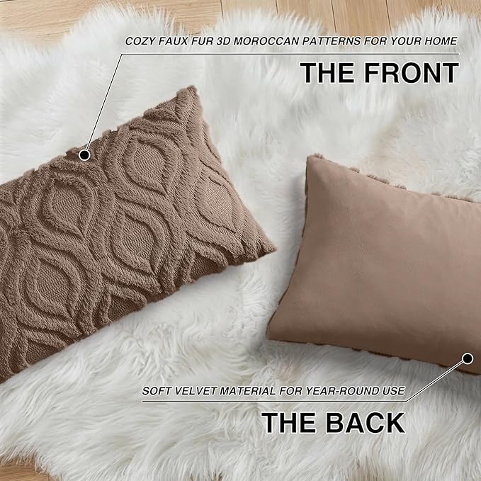 decorUhome Throw Pillow Covers 12x20 Inch Set of 2, Soft Plush Faux Wool Brown Solid Couch Pillow Covers, Accent Farmhouse Neutral Rectangle Pillow Cases for Sofa Bed Living Room