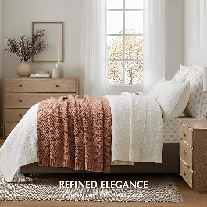 EVERGRACEHOME Chunky Chenille Knit Throw Blanket for Couch, Soft Luxurious Moss Stitch Blankets for Bed, Cozy Decorative Farmhouse Knitted Throws for Sofa, Terracotta Clay, 50" x 60"