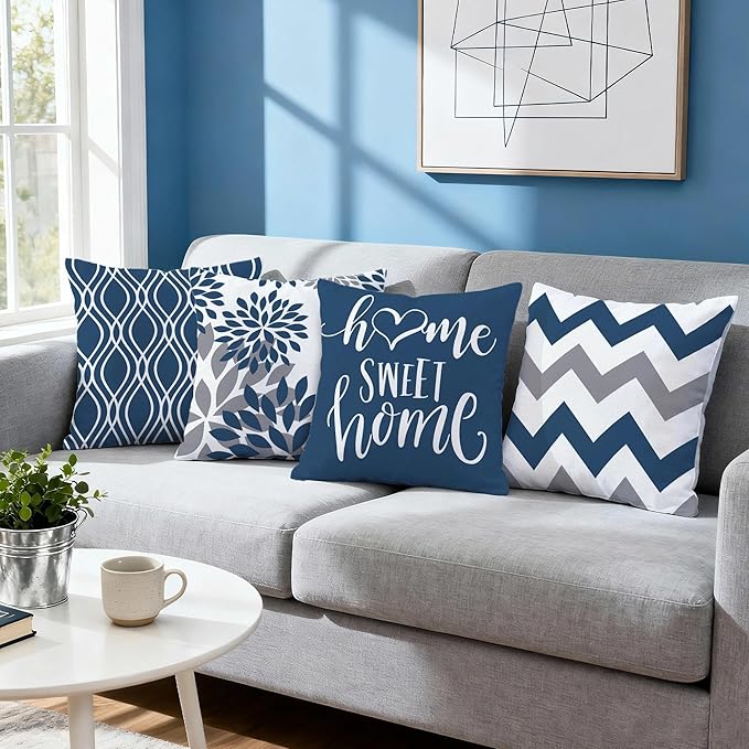 Hexagram Geometric Blue Pillow Covers 16x16 Set of 4, Decorative Outdoor Boho Modern Throw Pillow Covers, Home Sweet Home Farmhouse Cushion Case for Couch Sofa Bedroom Indoor Decor(No Insert)