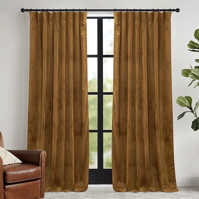 RYB HOME Brownish Gold Velvet Curtains 108 inch, Retro Vintage Room Darkening Window Curtains for Living Room Drafts Block Privacy Shades for Bedroom Playroom Home Theater, W52 x L108 inch, 2 Panels