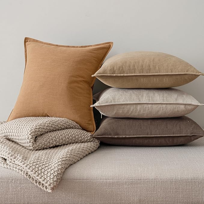 MIULEE Neutral Brown Linen Pillow Covers Pack of 4 Decorative Natural Fall Throw Pillow Covers Soft Accent Boho Farmhouse Couch Pillowcases Modern Spring Decor for Living Room Bed Sofa 24x24 Inch