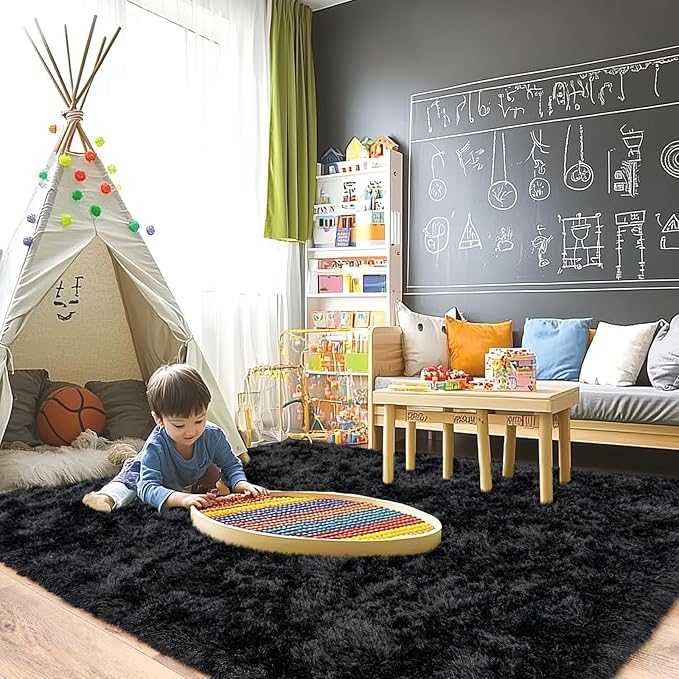 Pionblank Large Area Rug for Living Room 10x14, Fuzzy Modern Shag Rug, Fluffy Plush Non Slip Soft Furry Carpet for Bedroom Kids Room Nursery Teens Dorm Home Decor, Black