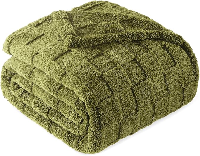 Exclusivo Mezcla Queen Size Flannel Fleece Blanket, Super Soft and Warm Lightweight Checkered Pattern Blankets for All Seasons, 90x90 Inches, Olive Green