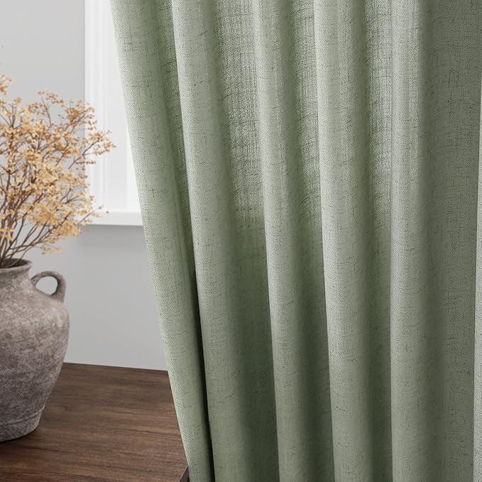 Desert Sage Linen Curtains 90 Inch Long 2 Panels Set for Bedroom Living Room Linen Textured Window Drapes Semi Sheer Light Filtering Rod Pocket Back Tab Cotton Textured Farmhouse Curtain 52x90
