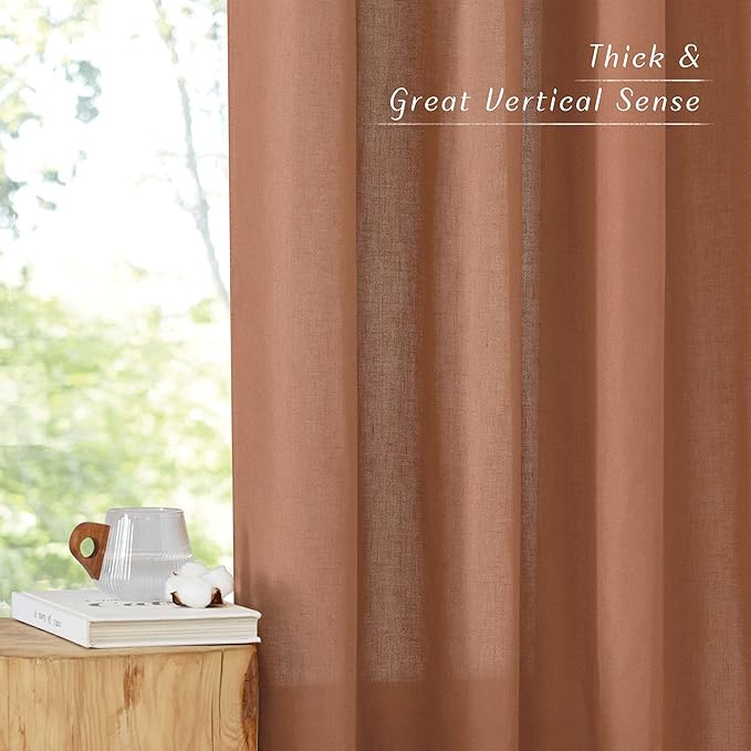 NICETOWN Caramel Linen Curtains for Kitchen, Thick Flax Small Window Treatments Semi Sheer Privacy Assured with Light Through for Cafe/Bathroom, W55 x L144, 2 Panels
