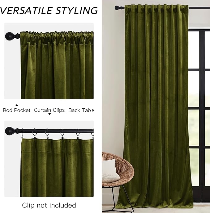 RYB HOME Green Velvet Curtains 102 inches with Hook Belt, Soft Fabric Room Darkening Thermal Insulated Luxurious Home Decor Curtains for Living Room Bedroom, W 52" x L 102", 2 Panels Set