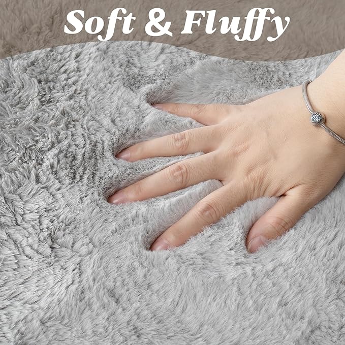 ThreadGlobe Fluffy Faux Rabbit Fur Rug Runner 2'x6', Ultra Soft & Non-Slip Rugs for Bedroom, Living Room, Nursery, No Shedding Machine Washable Rug, Grey, 2x6 Ft