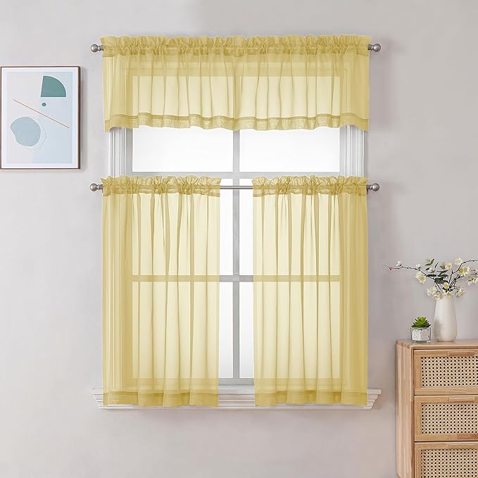 Chyhomenyc Mustard Yellow Short Sheer Curtains 36 inch Length, Light Filtering Half Window Curtians for Kitchen, Elegant Small Curtain for Basement Bathroom Cabinet, 42Wx36L inches, 2 Panels