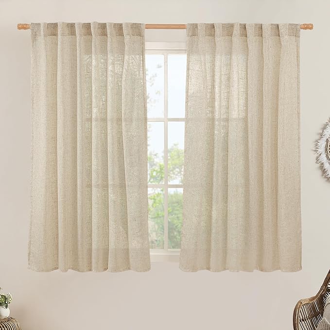 LAMIT Semi Sheer Linen Curtains 45 Inches Long 2 Panels, Light Filtering Panels Back Tab and Rod Pocket Neutral Drapes for Kitchen/Window/Bedroom, 52 x 45 Inch