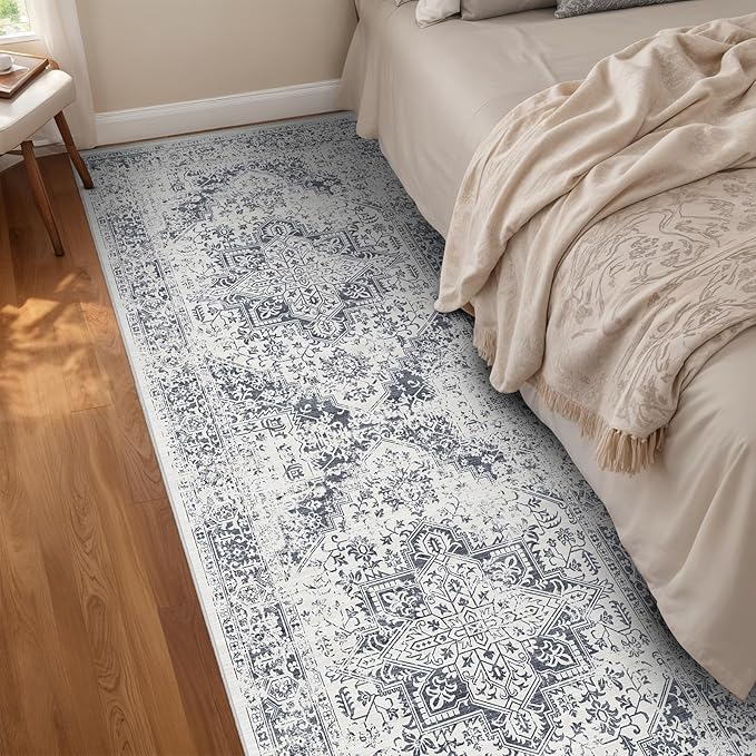 Hallway 3x10 Runner Rug - Vintage Non-Slip Long Rug for Entryway Low-Pile Washable Medallion Runner Rugs for Hallway Waterproof Traditional Runner Rug Indoor Thin Rug for Kitchen (Grey)