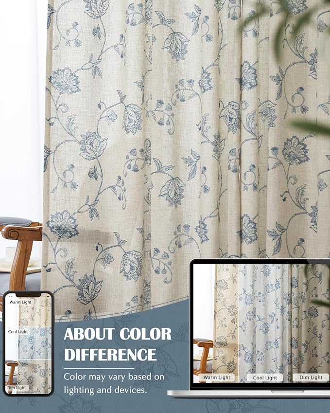 jinchan Linen Curtains Floral Curtains 63 Inch Length for Living Room Bedroom Light Filtering Rod Pocket Back Tab Jacobean Curtains Flax Linen Texture Window Drapes Set 2 Panels Blue on Linen