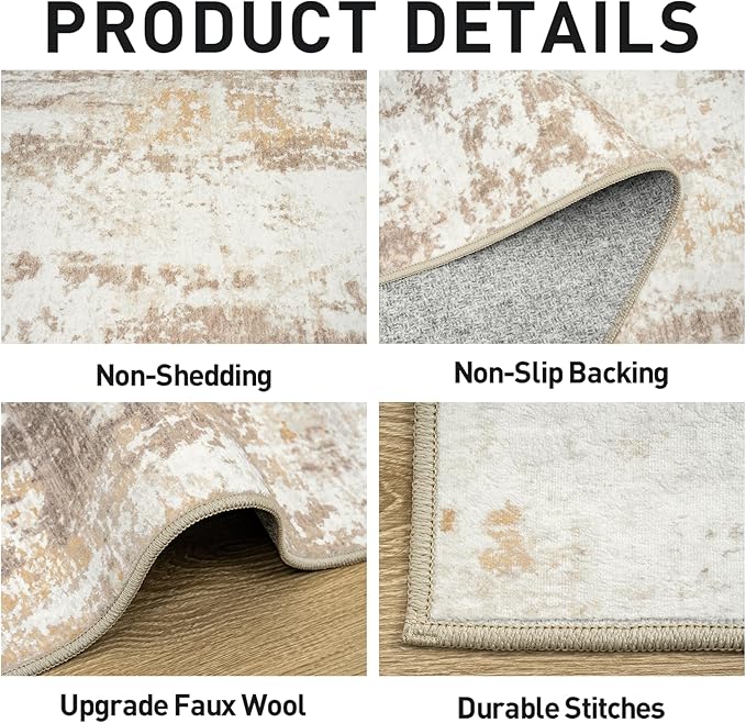 9x12 Area Rugs Washable Rug: Modern Abstract Living Room Rug Soft Anti-Skid Thin Carpet Indoor Floor Non-Shedding Carpets for Bedroom Dining Room Farmhouse Nursery Home Office Beige Grey