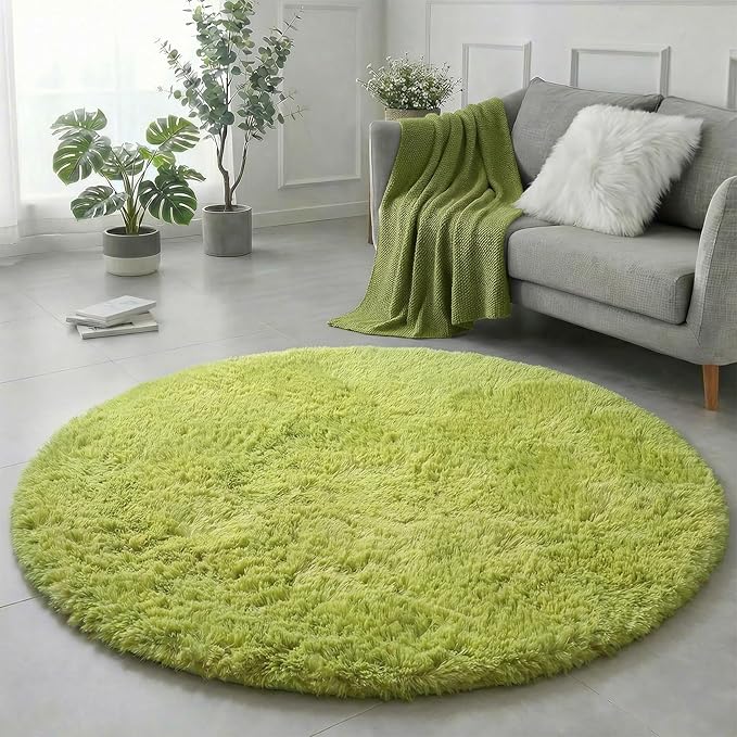 Amdrebio Grass Green Round Area Rug 7Ft for Living Room Bedroom Decor Aesthetic, Large Fluffy Shaggy Fuzzy Circle Rugs for Baby Nursery Kids Playroom, Big Soft Shag Floor Circular Modern Cool Carpet