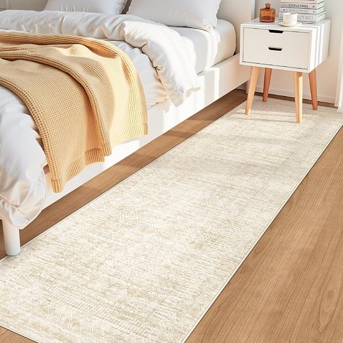 2x8 Washable Runner Rug: Moroccan Geometric Boho Rug Farmhouse Non Slip Stain Resistant Rugs Low Pile Soft Carpet for Porch Kitchen Laundry Room Living Room Bedroom (Beige,2'x8')