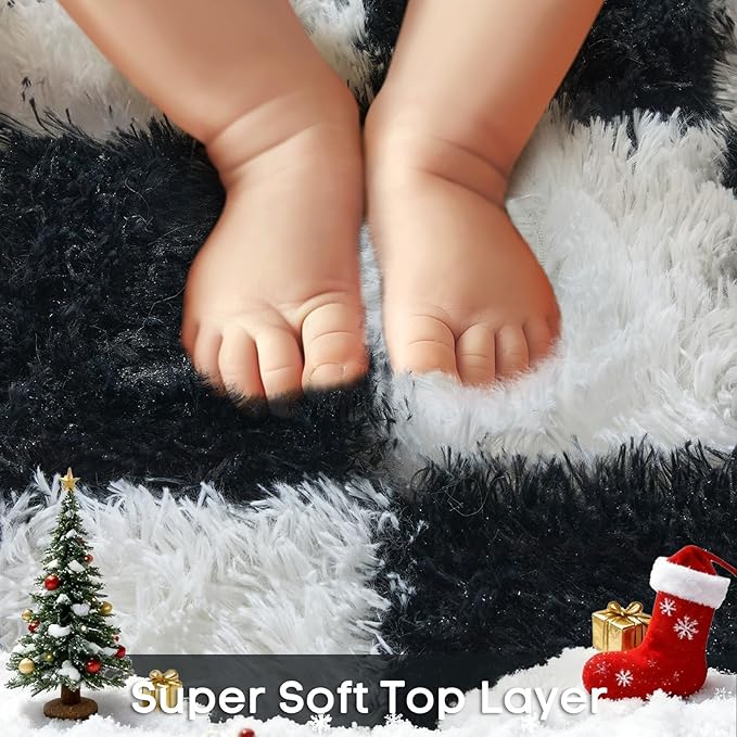 Ophanie Checkered Black & White Rug for Living Room Bedroom, Fluffy Soft Cute Fuzzy Area Rugs, Shag Plush Shaggy Bedside Floor 4x6 Furry Carpet for Kids Baby Teen Dorm Nursery Home Decor Aesthetic