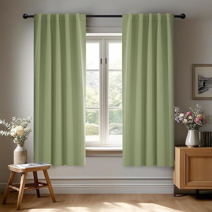 Deconovo Blackout Curtains, Thermal Insulated, W42 x L63 2 Panels, Back Tab, Machine Washable, Room-Darkening Drapes for Bedroom/Living Room Sage Green