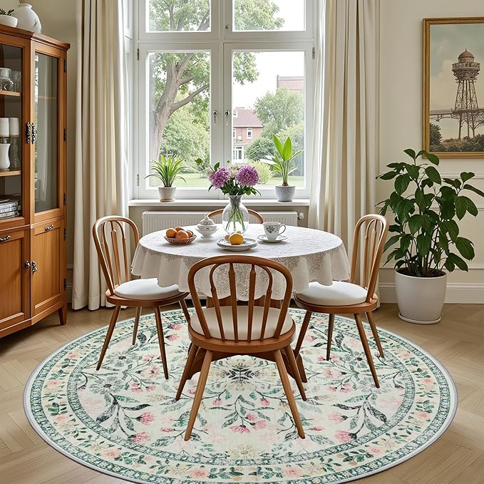 Round Area Rug for Living Room: 6 ft Floral Washable Circle Rug Soft Non-Slip Carpet Indoor Stain Resistant Low Pile Small Circular Rug for Bedroom Entryway Kitchen Nursery Home Office Green Beige