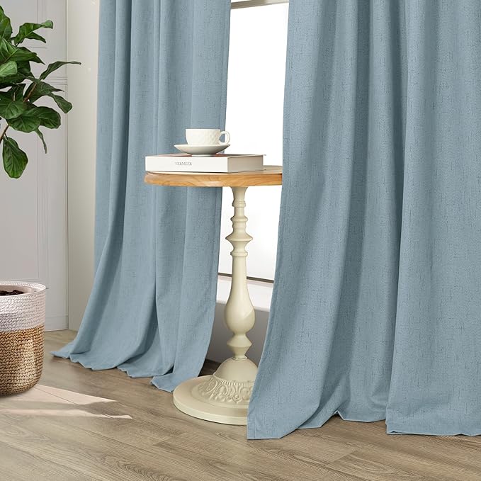 Light Blue Curtains for Bedroom 63 Inch Length 2 Panels Neutral Linen Textured Full Blackout Room Darkening Noise Reducing Curtain for Bay Window Kids Room Boys Nursery Dusty Slate Stone Blue 63 Long
