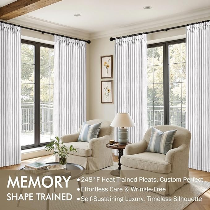 MIULEE Pinch Pleated White Thick Linen Curtains 102 Inches Long 2 Panels, Linen Texture Drapes for Living Room Bedroom, Pinch Pleat Memory Trained Back Tab Light Filtering Window Curtains with Hooks