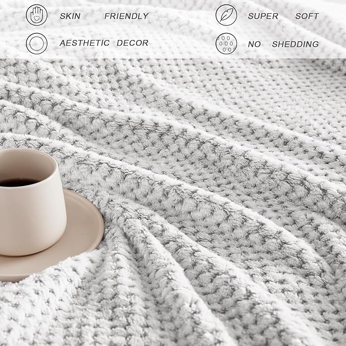 Exclusivo Mezcla Fleece Throw Blanket Extra Large, Super Soft and Warm Blankets for Couch, Sofa and Bed Waffle Textured, Cozy, Fuzzy and Lightweight (Heather Light Grey, 50x70 Inches)