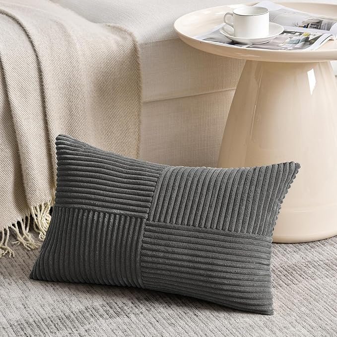 Fancy Homi 2 Packs Dark Gray Lumbar Decorative Throw Pillow Covers 16x26 Inch for Livingroom Couch, Rustic Farmhouse Boho Home Decor, Soft Striped Corduroy Rectangle Accent Peach Cushion Case 65x40 cm