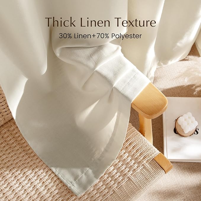 NICETOWN Bone White Linen Curtains for Kitchen, Thick Flax Small Window Treatments Semi Sheer Privacy Assured with Light Through for Cafe/Bathroom, W55 x L84, 2 Panels