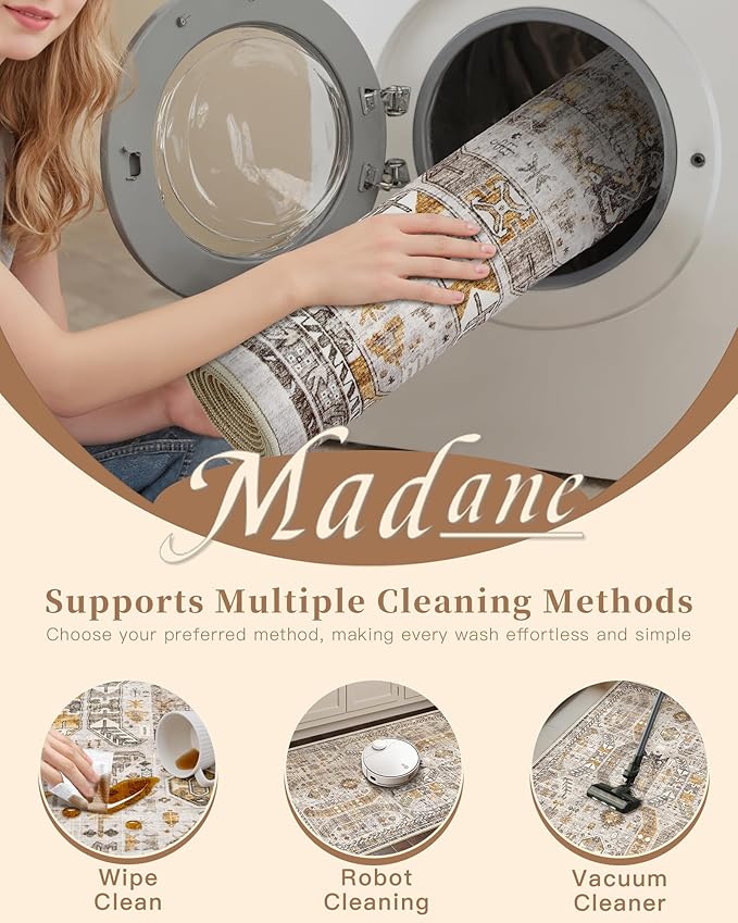 Madane Hallway Runner Rug 3x18 - Kitchen Rugs 18ft Washable Entryway Rug Vintage Kitchen Runners Non Slip Indoor Area Rug Farmhouse Carpet Runner for Bathroom Living Room Bedroom, Brown/Gold