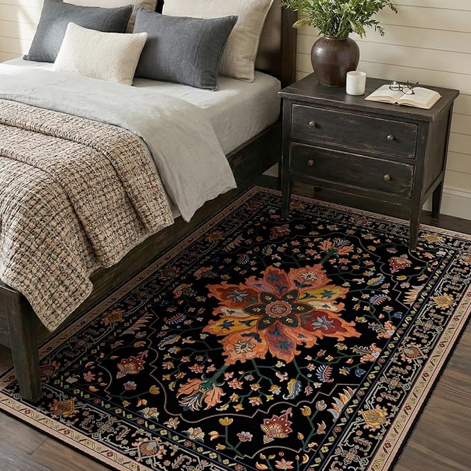 Area Rugs 4'x6' Washable Non-Slip, Floral Vintage Distress Print Pattern Medallion Carpet for Living Room Bedroom Dining Room, Black Colorful Floral Dark Tan