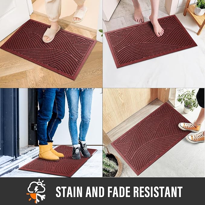 HIYARD Sturdy Front Door Mat, Absorbent Muddy Dirt Resist Welcome Door Mats Outdoor Indoor, Stain and Fade Resistant, Non-Slip Backing Entry Mat Low Profile Doormat for Entryway, 29×17, Red