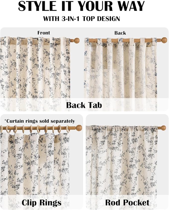 Lazzzy Black Floral Linen Curtains 90 Inch Farmhouse Back Tab Drapes for Living Room Bedroom Light Filtering Vintage Grandmillennial Rod Pocket Curtains, 2 Panels, W38 x L90, Black on Beige