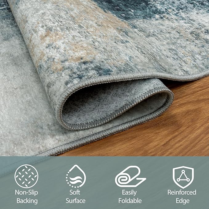 8x10 Area Rugs for Living Room Rug Washable: Abstract Large Rug for Dining Room Bedroom Carpet Non Slip 8 by 10 Indoor Modern Nursery Home Office Teal Grey Gold